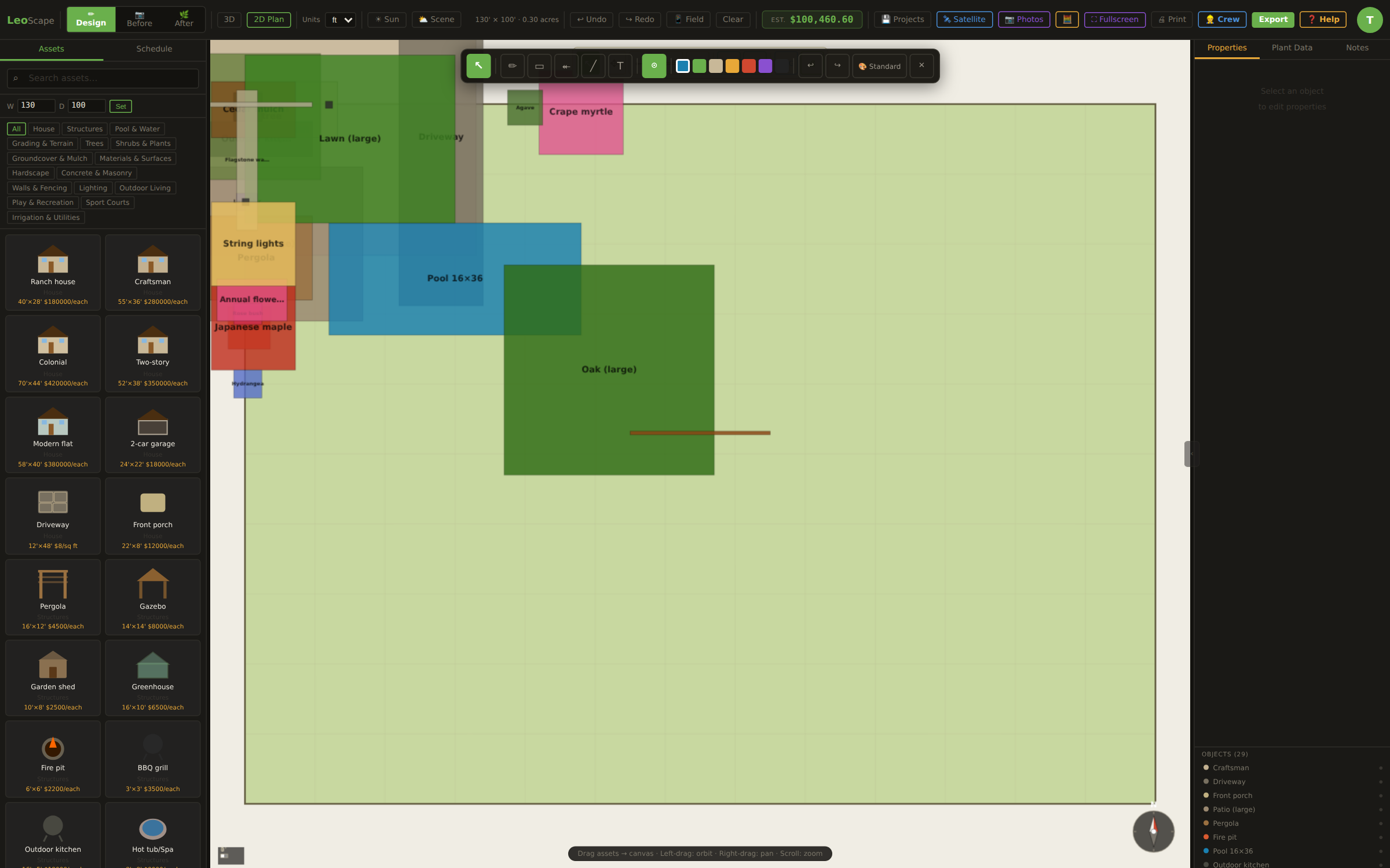 Dimensioned 2D landscape plan in LeoScape
