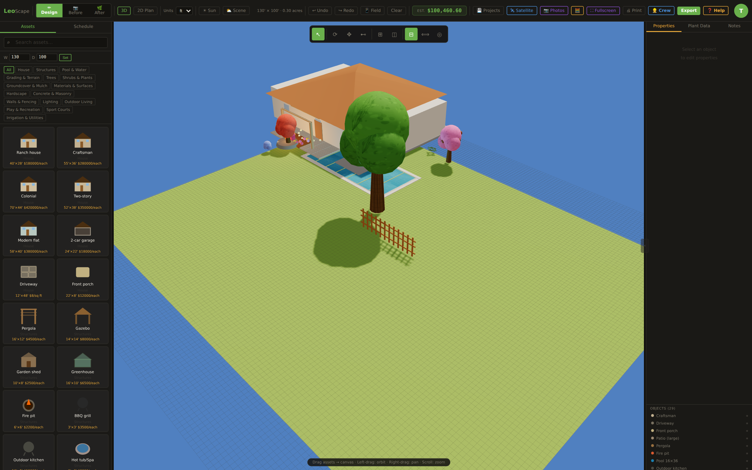 LeoScape 3D landscape design canvas with a full residential design