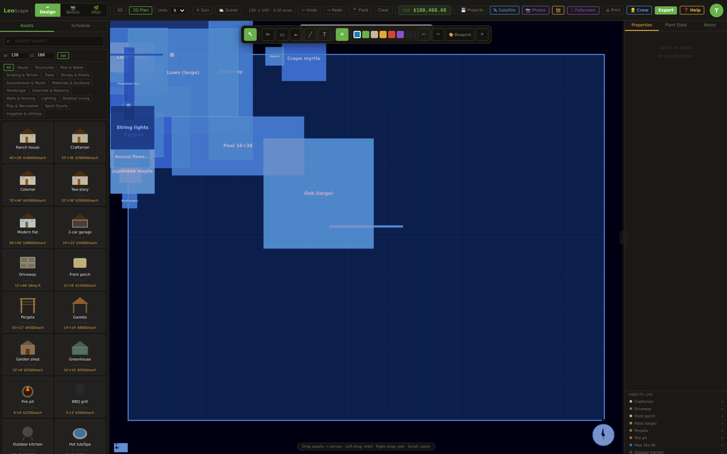 Blueprint-style landscape plan render in LeoScape