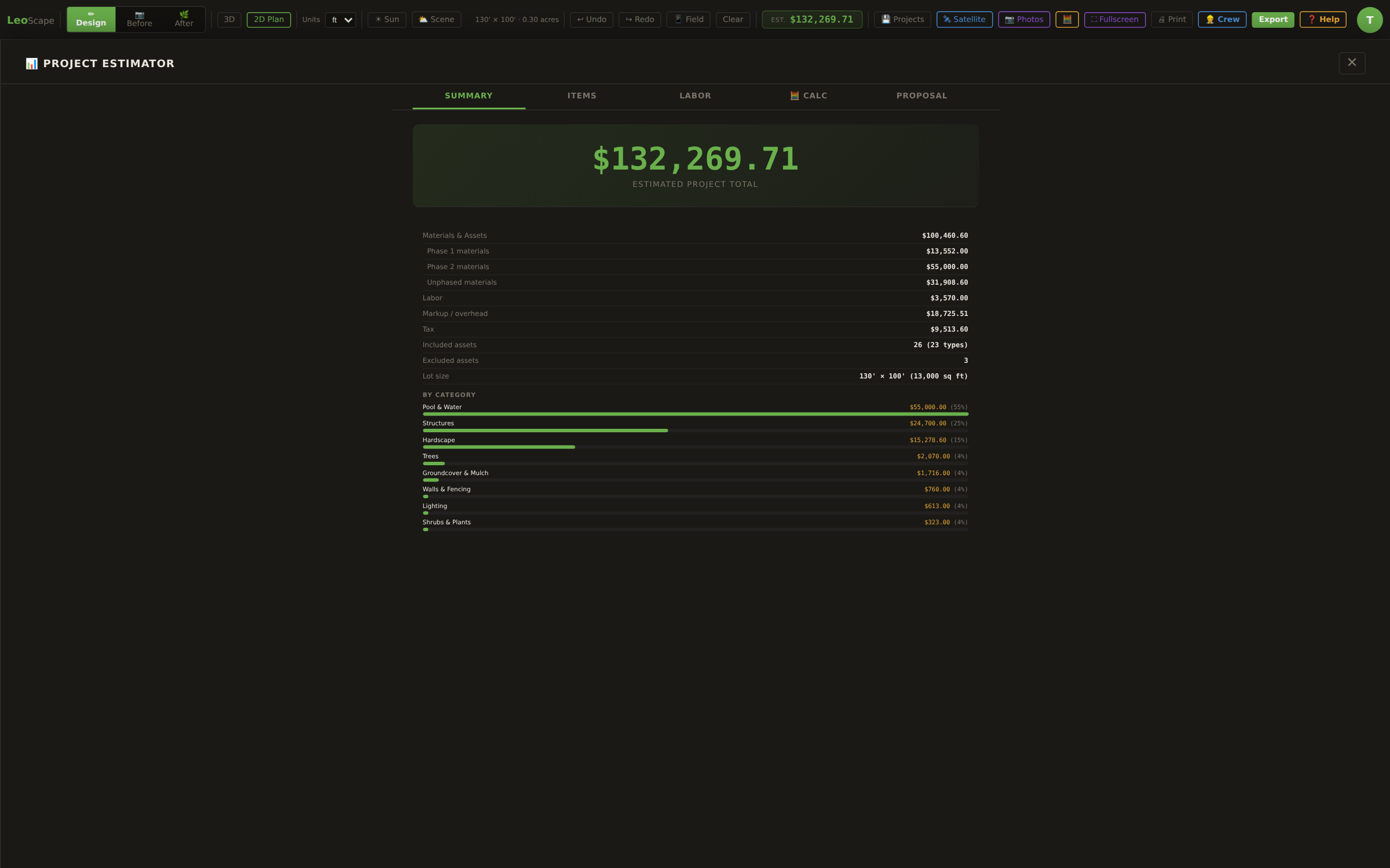 LeoScape live project estimator with phase subtotals